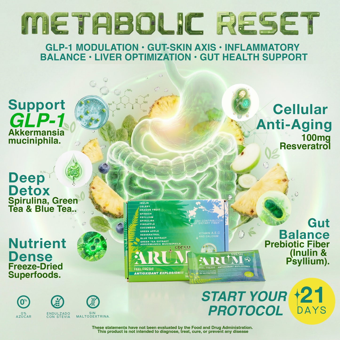 ARUM FRESH Natural GLP-1 Activator Green Detox Powder | Gut Health + Metabolic Support