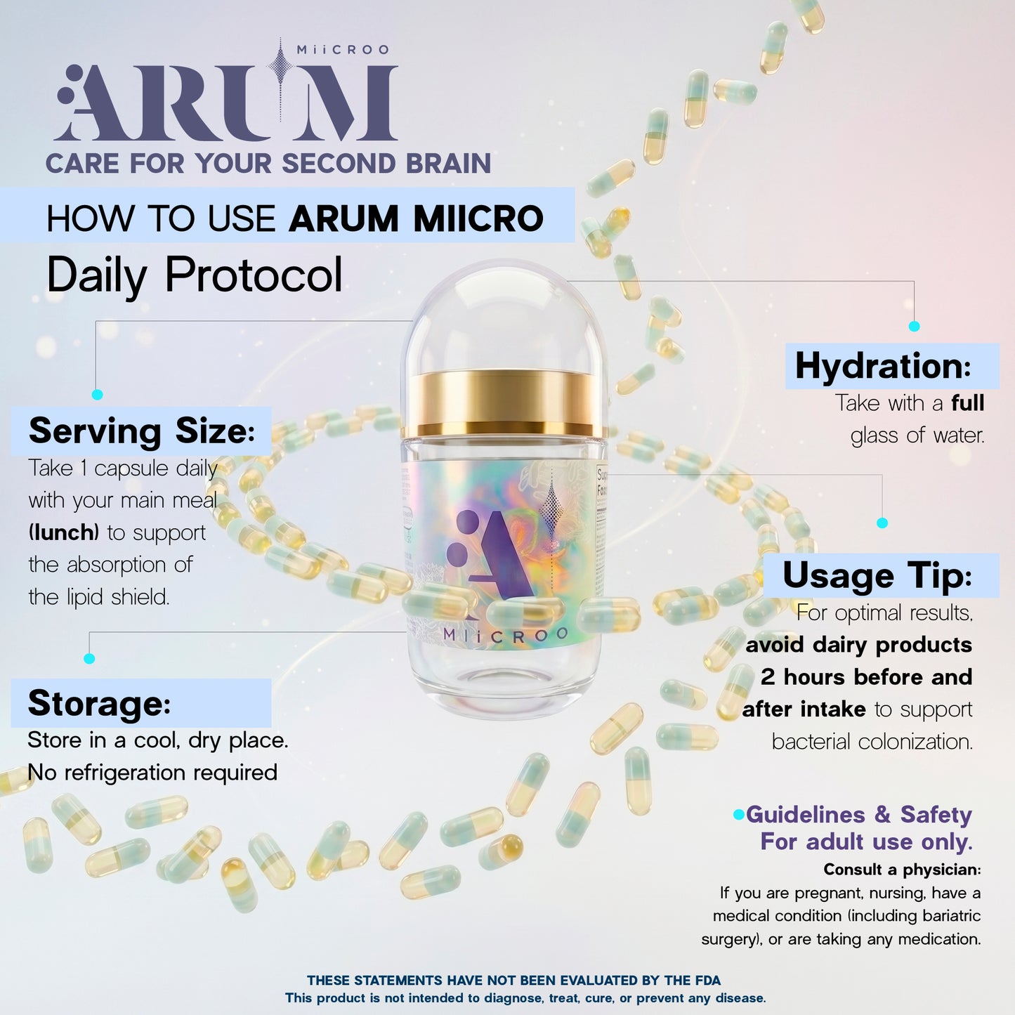 ARUM MIICRO Dual Capsule Synbiotic | 13 Probiotic Strains + Omega 3 + Prebiotic | Gut-Brain Axis